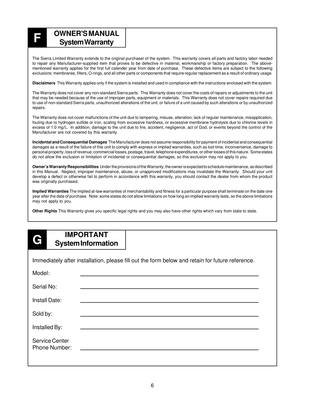 Sierra PN103257, SIERRA REVERSE OSMOSIS DRINKING WATER SYSTEM owner manual SystemWarranty, SystemInformation 