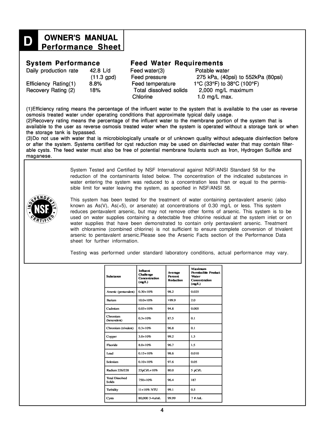 Sierra PN103257, SIERRA REVERSE OSMOSIS DRINKING WATER SYSTEM owner manual System Performance, Feed Water Requirements 