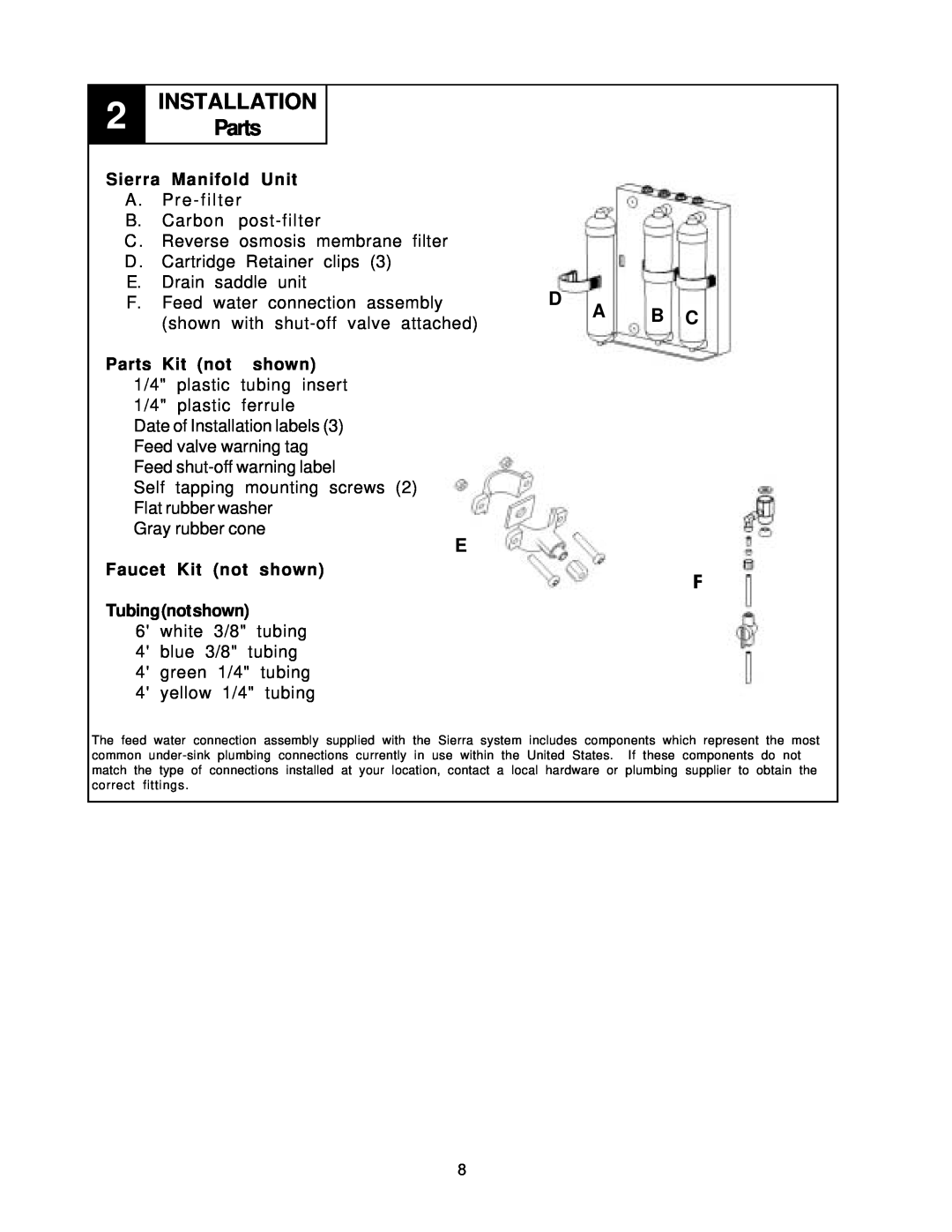 Sierra PN103257 owner manual INSTALLATION Parts, Sierra, Manifold Unit, Kit not, shown, Faucet 