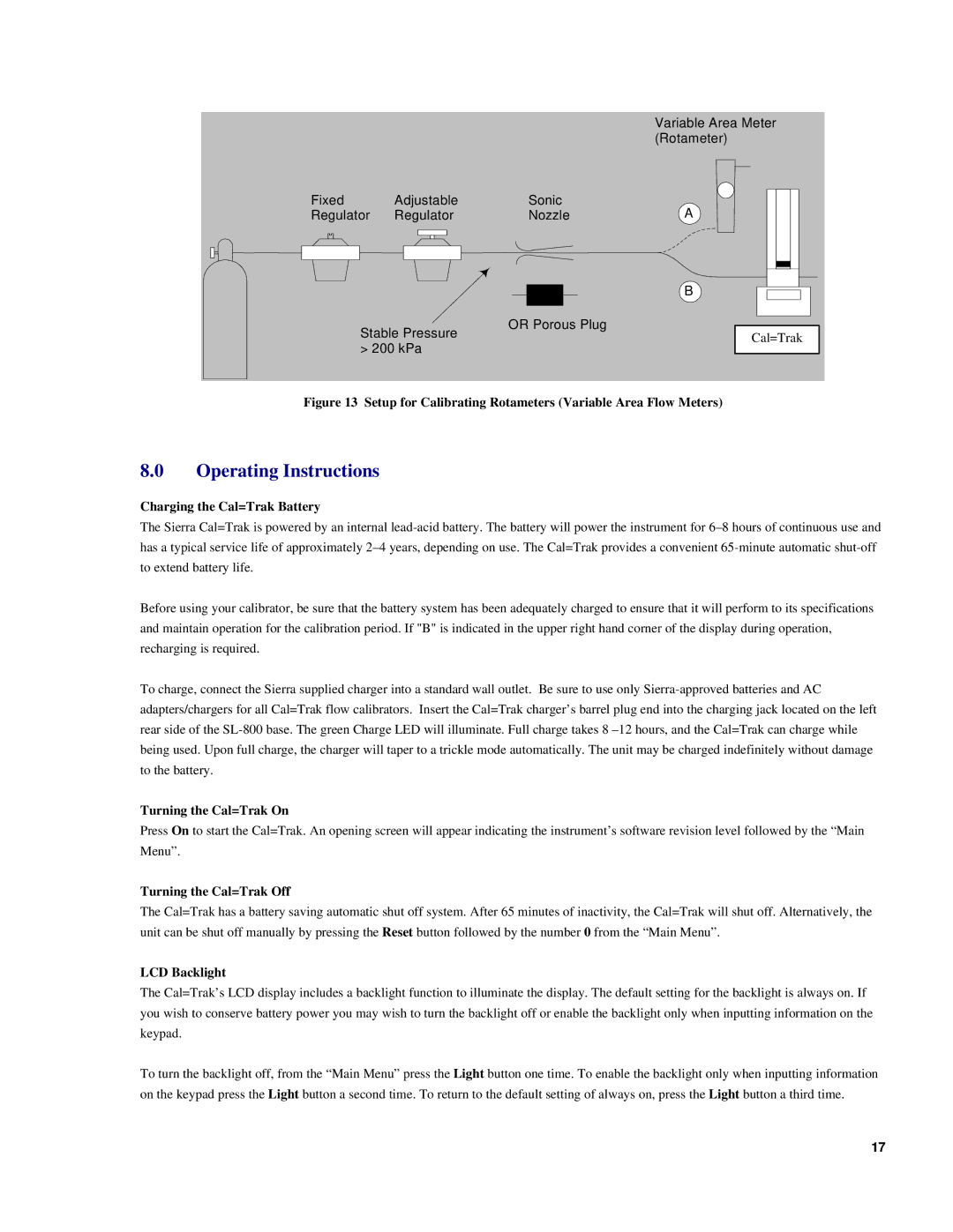 Sierra SL-800 Operating Instructions, Charging the Cal=Trak Battery, Turning the Cal=Trak On, Turning the Cal=Trak Off 