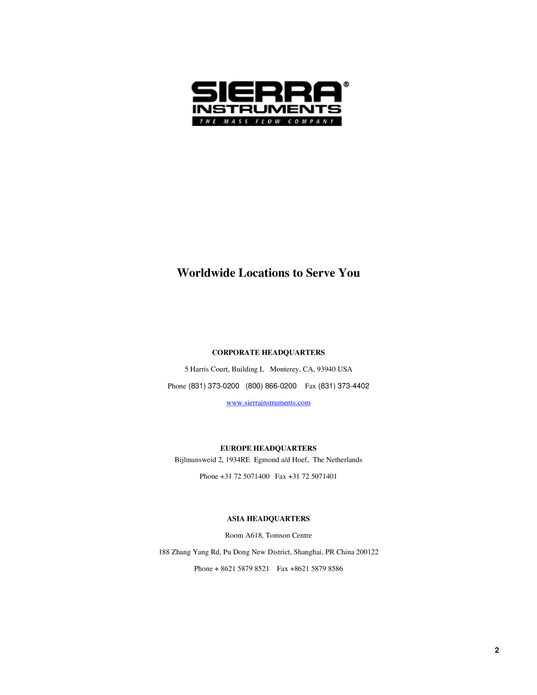 Sierra SL-800 instruction manual Worldwide Locations to Serve You 