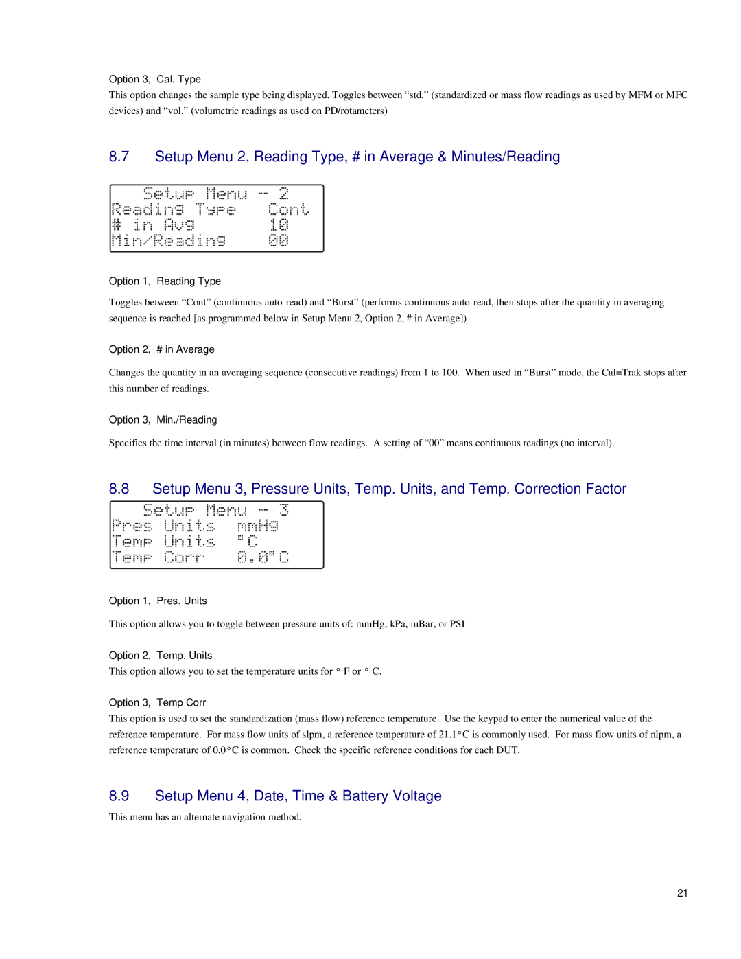 Sierra SL-800 Setup Menu 2, Reading Type, # in Average & Minutes/Reading, Setup Menu 4, Date, Time & Battery Voltage 