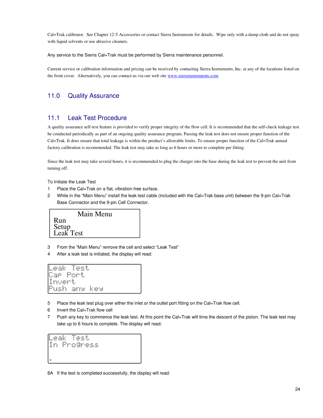 Sierra SL-800 instruction manual Quality Assurance Leak Test Procedure, To Initiate the Leak Test 