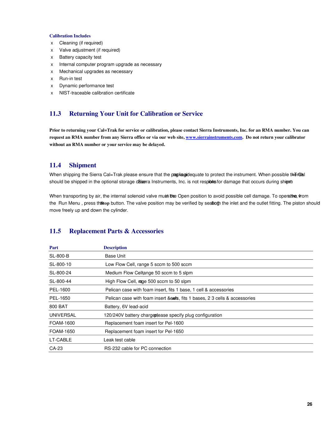 Sierra SL-800 Returning Your Unit for Calibration or Service Shipment, Replacement Parts & Accessories, Part Description 