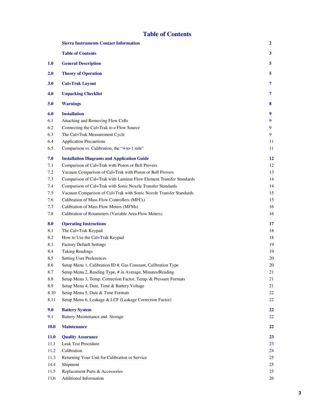 Sierra SL-800 instruction manual Table of Contents 