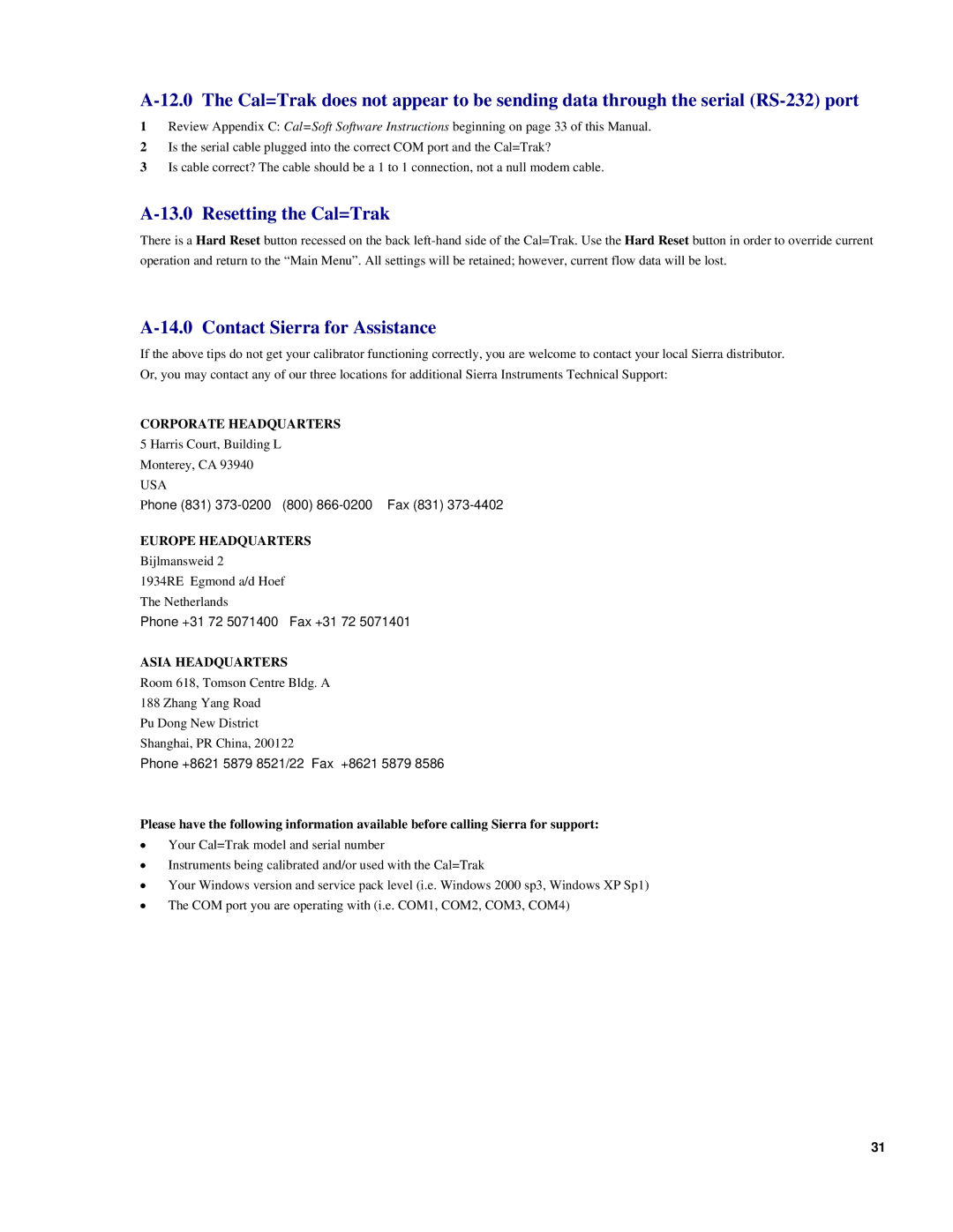 Sierra SL-800 instruction manual Resetting the Cal=Trak, Contact Sierra for Assistance 