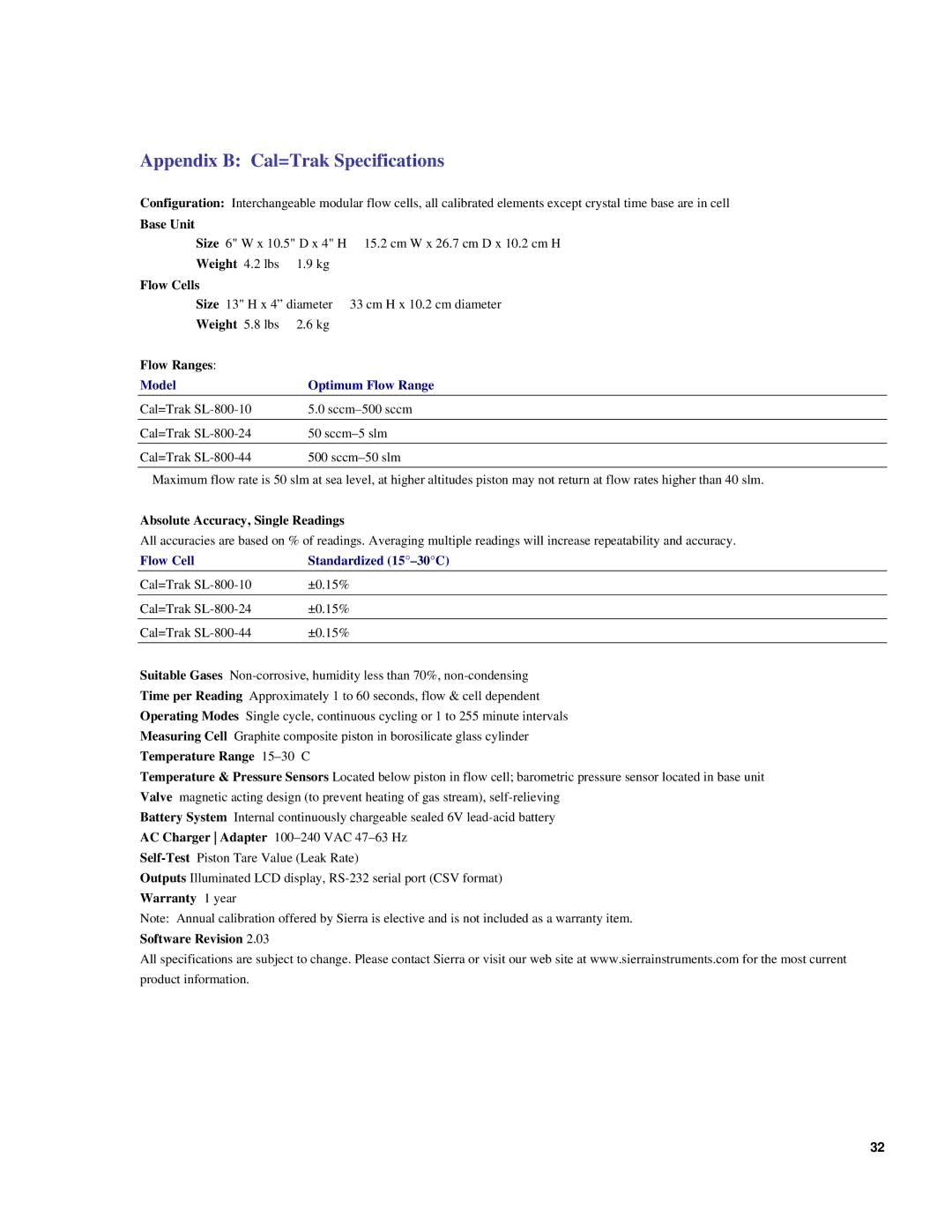 Sierra SL-800 instruction manual Model Optimum Flow Range, Flow Cell Standardized 15-30C 