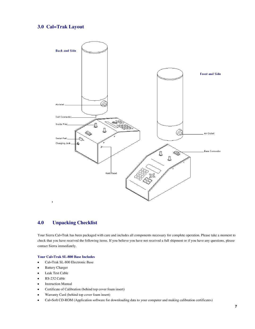 Sierra instruction manual Cal=Trak Layout Unpacking Checklist, Your Cal=Trak SL-800 Base Includes 