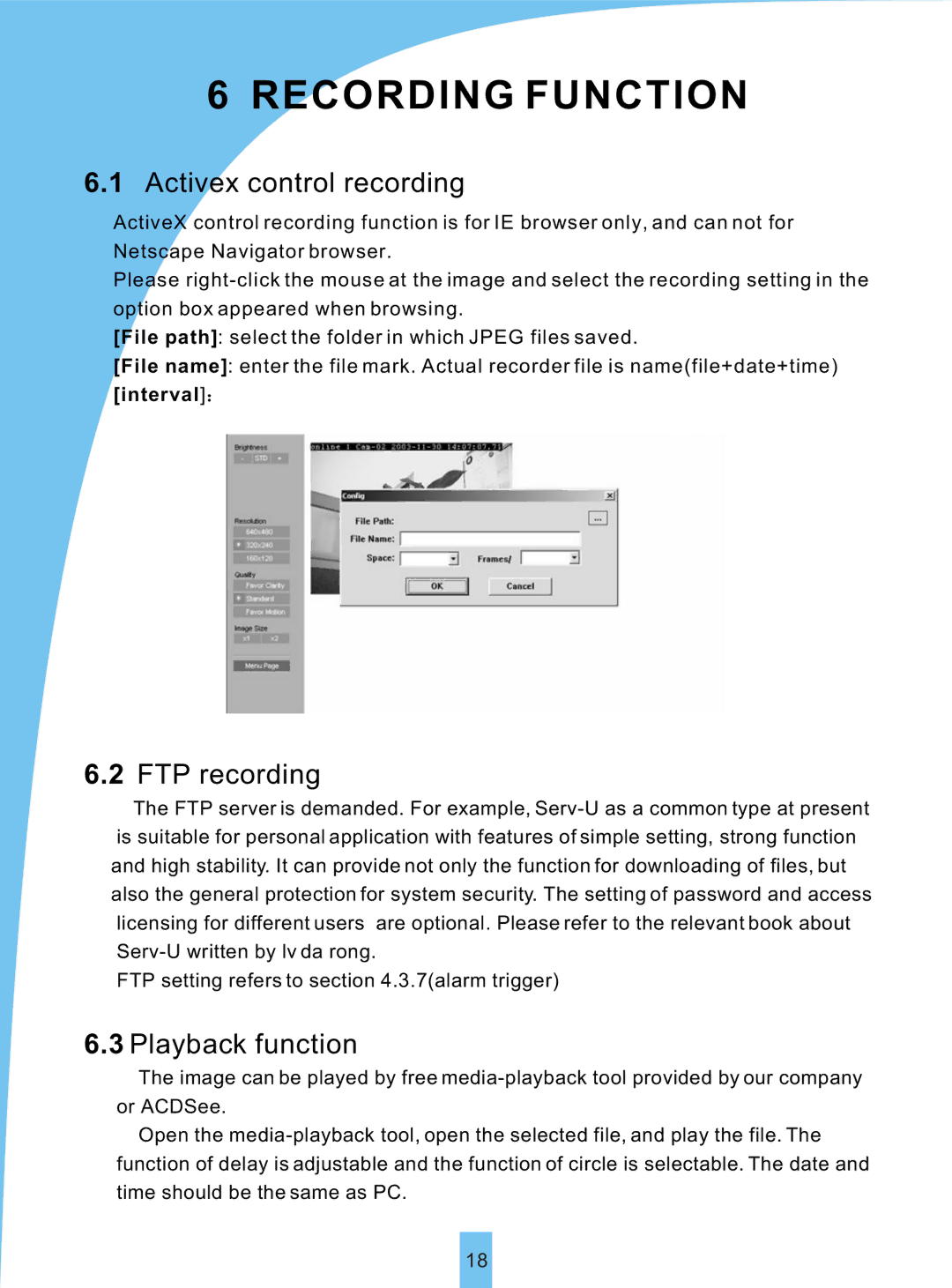 Sierra VSP 3001 manual Recording Function, Activex control recording, FTP recording, Playback function 