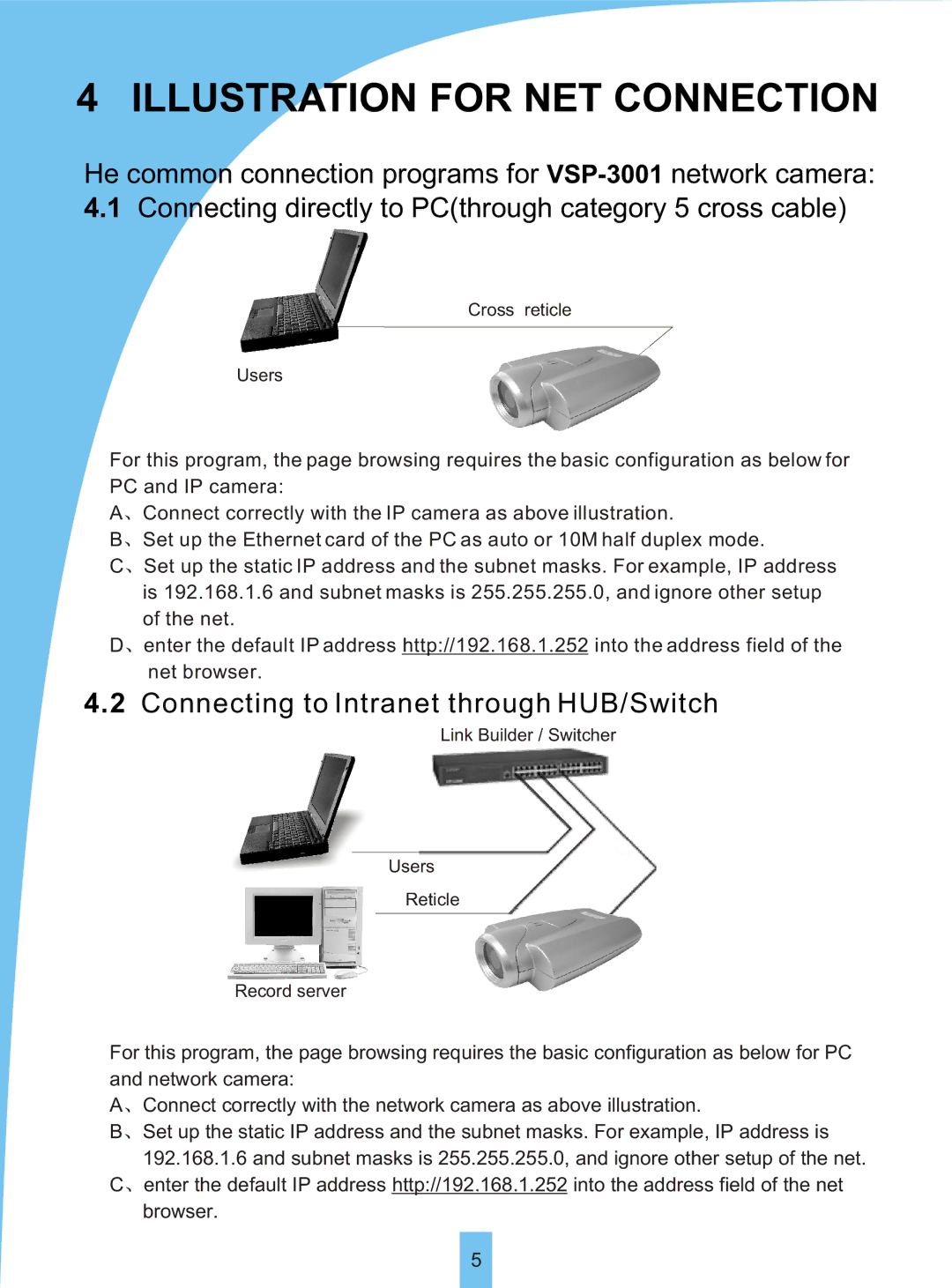 Sierra VSP 3001 manual Illustration for NET Connection, Connecting to Intranet through HUB/Switch 