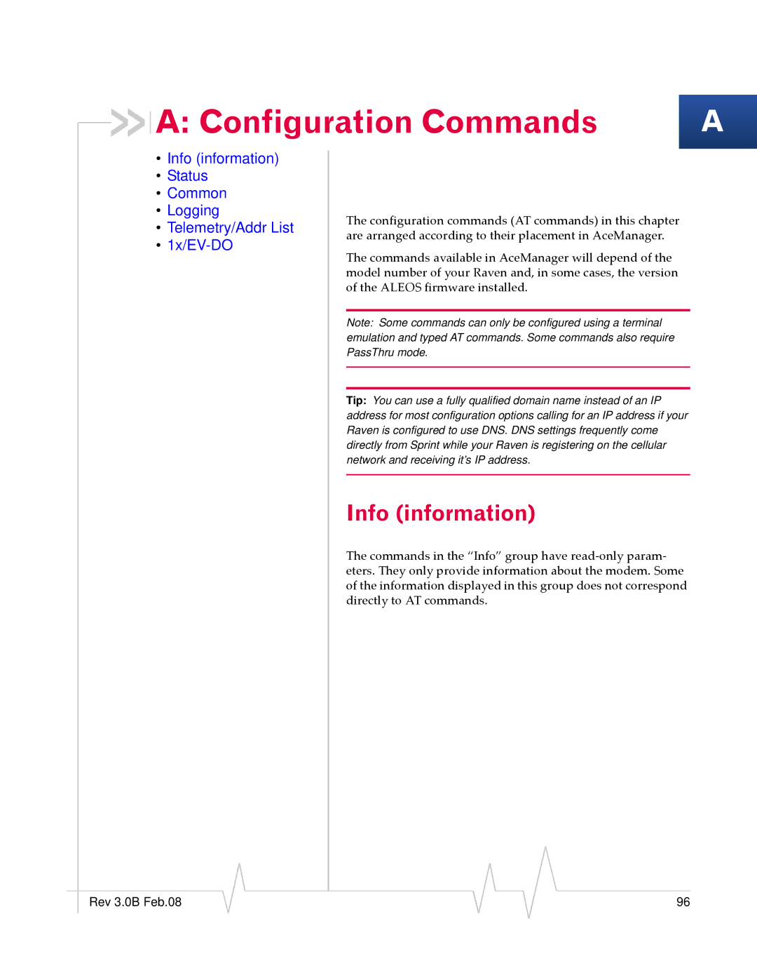 Sierra Wireless 20070914 manual Configuration Commands, Info information 