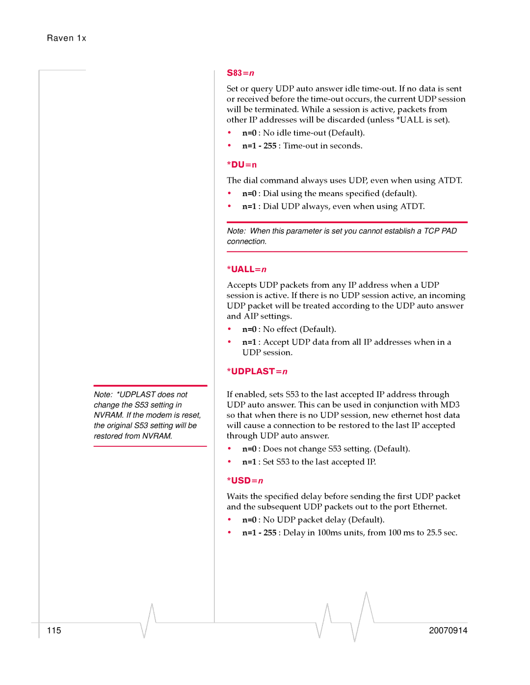 Sierra Wireless 20070914 manual S83=n, DU=n, UALL=n, UDPLAST=n, USD=n 