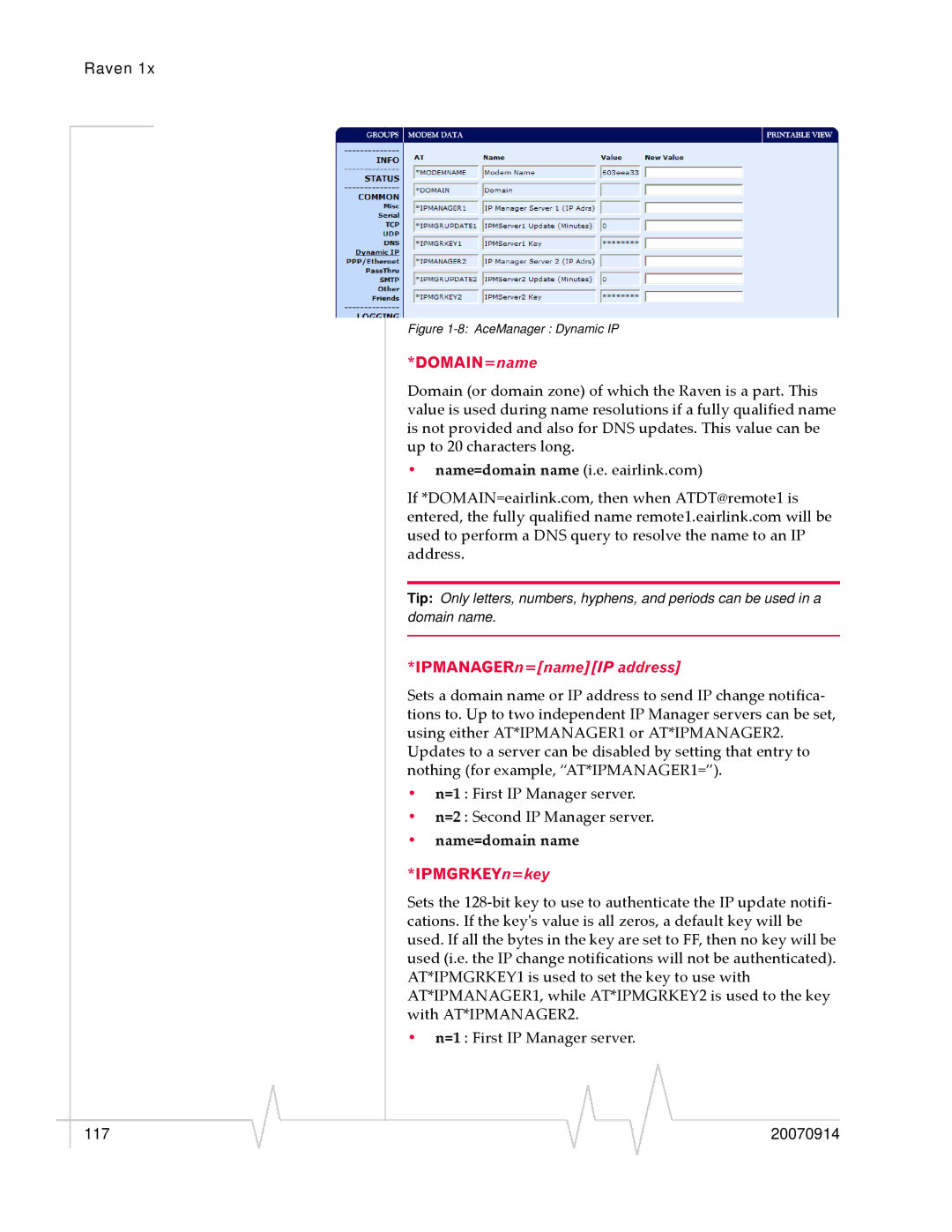 Sierra Wireless 20070914 manual DOMAIN=name, Name=domain name, IPMGRKEYn=key 