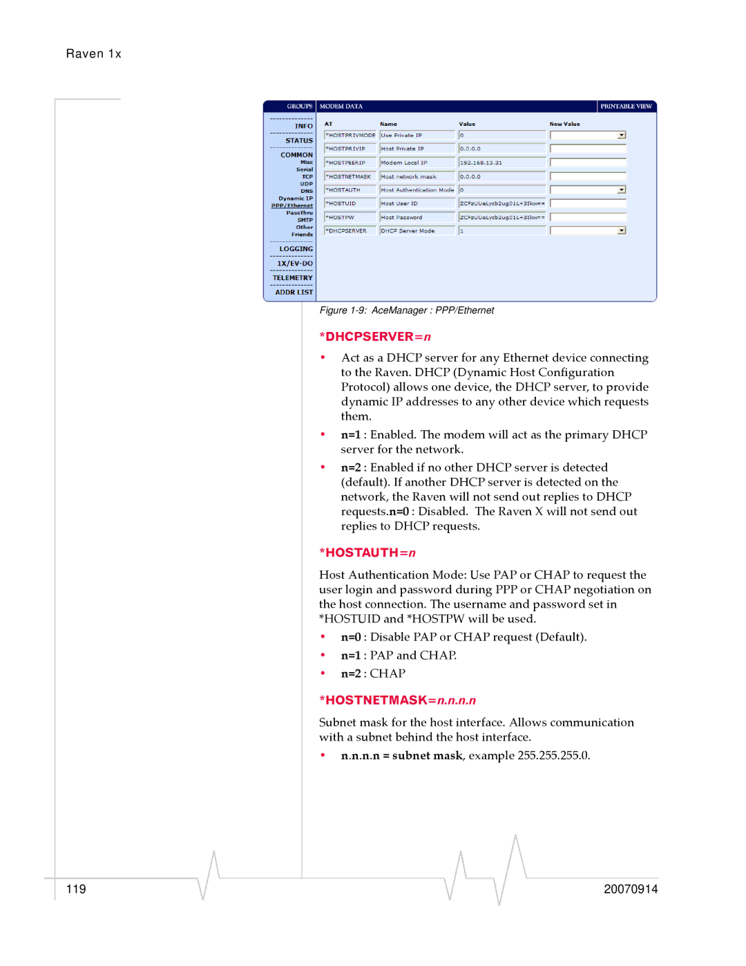 Sierra Wireless 20070914 manual DHCPSERVER=n, HOSTAUTH=n, HOSTNETMASK=n.n.n.n 