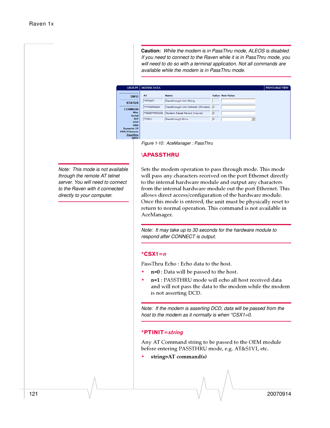 Sierra Wireless 20070914 manual Apassthru, CSX1=n, PTINIT=string, String=AT commands 