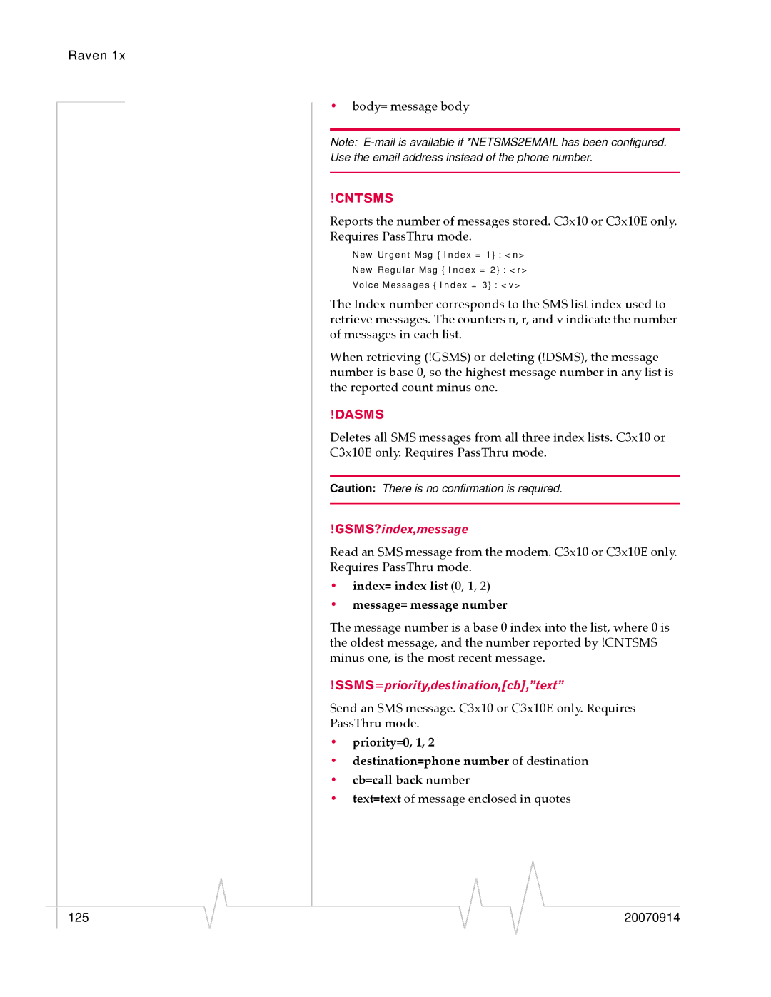 Sierra Wireless 20070914 manual Cntsms, Dasms, Index= index list 0, 1 Message= message number 