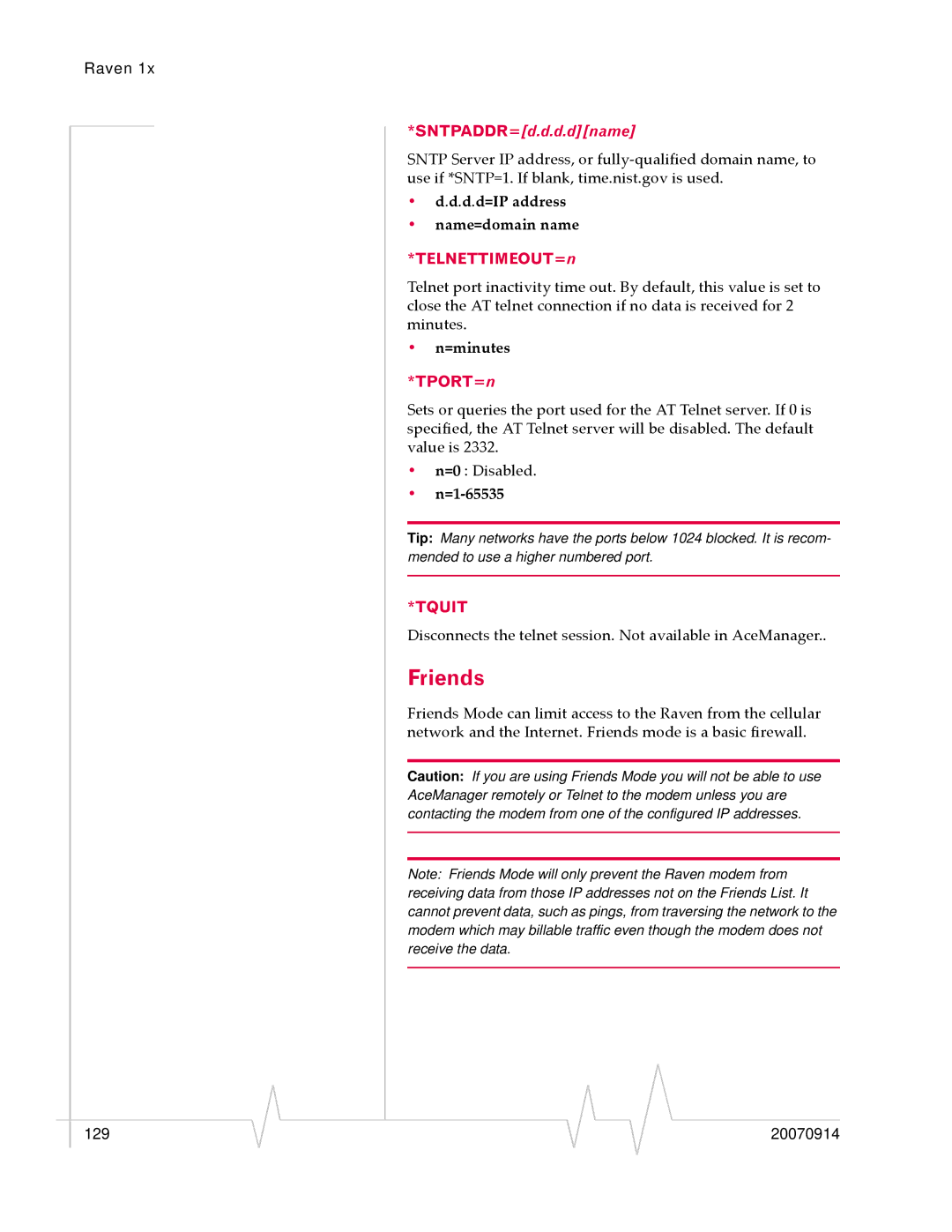 Sierra Wireless 20070914 manual Friends, TELNETTIMEOUT=n, =minutes, TPORT=n, Tquit 