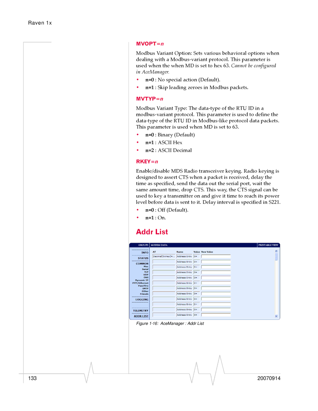 Sierra Wireless 20070914 manual Addr List, MVOPT=n, MVTYP=n, RKEY=n 