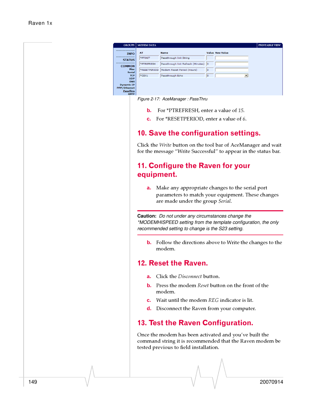 Sierra Wireless 20070914 manual Save the configuration settings, Configure the Raven for your equipment, Reset the Raven 
