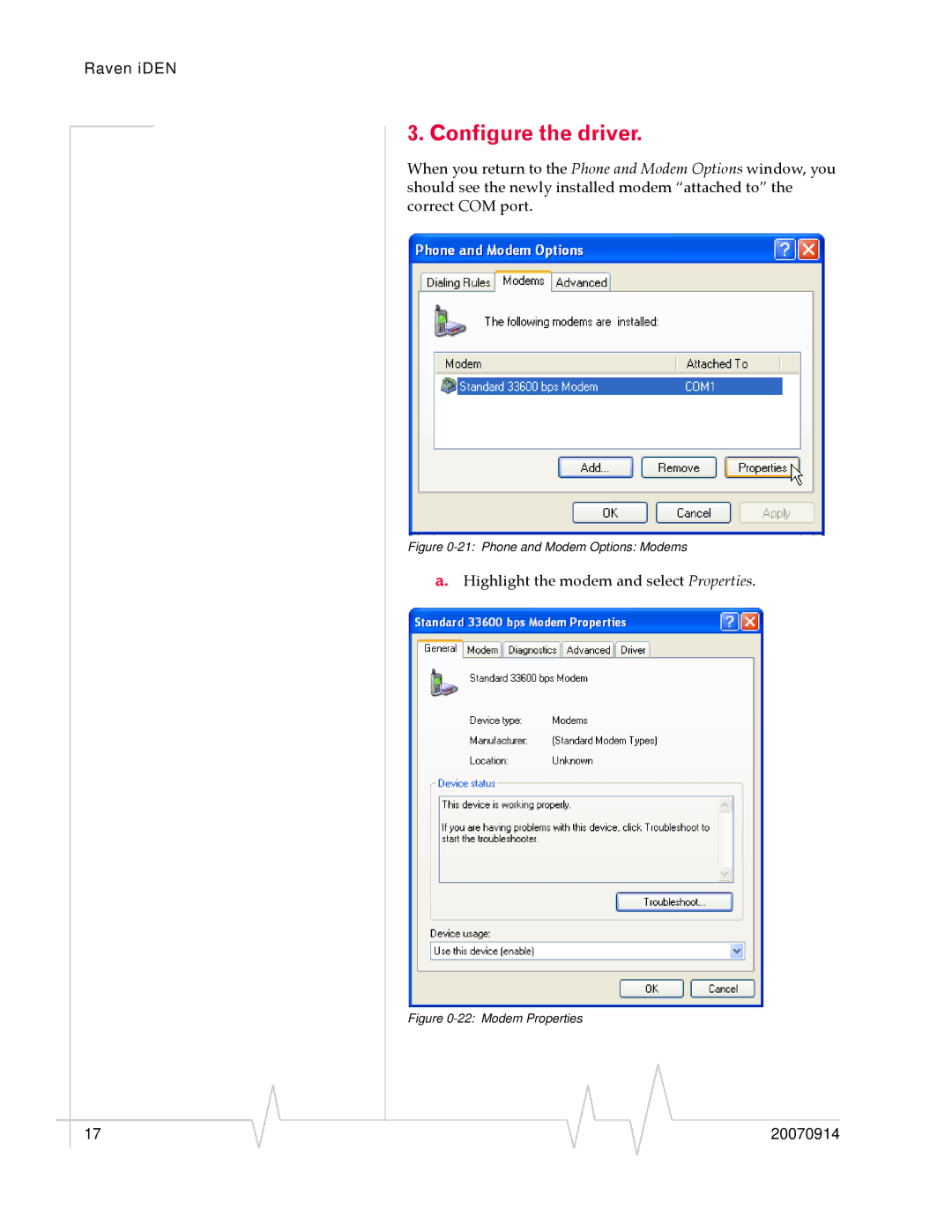 Sierra Wireless 20070914 quick start Configure the driver, Phone and Modem Options Modems 