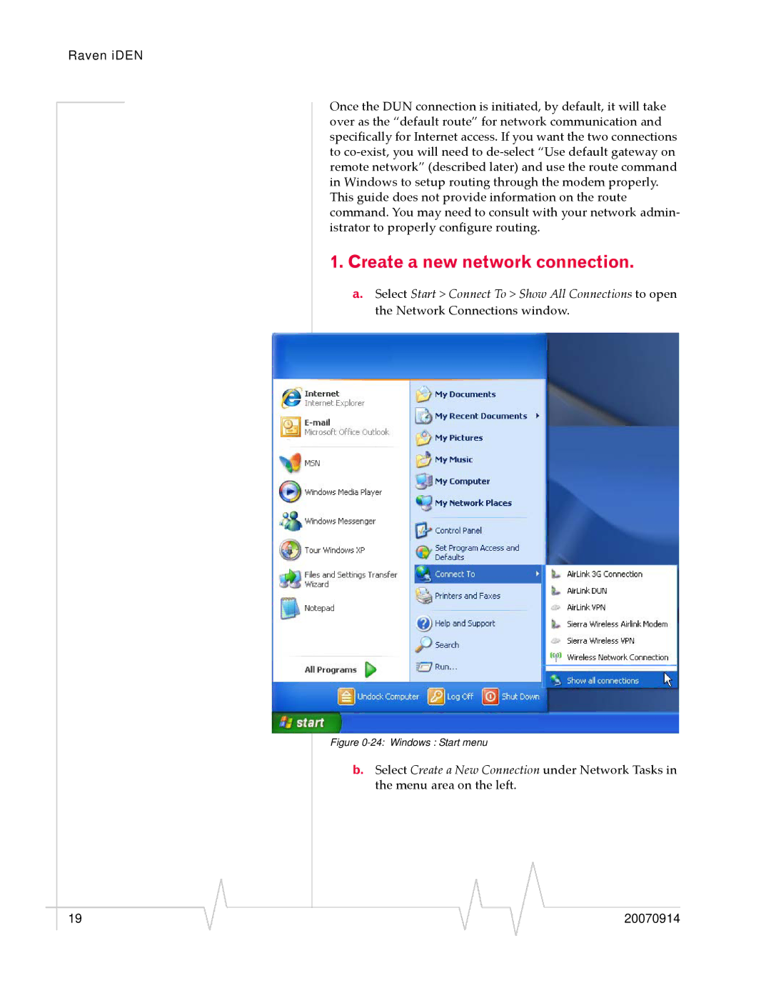 Sierra Wireless 20070914 quick start Create a new network connection, Windows Start menu 