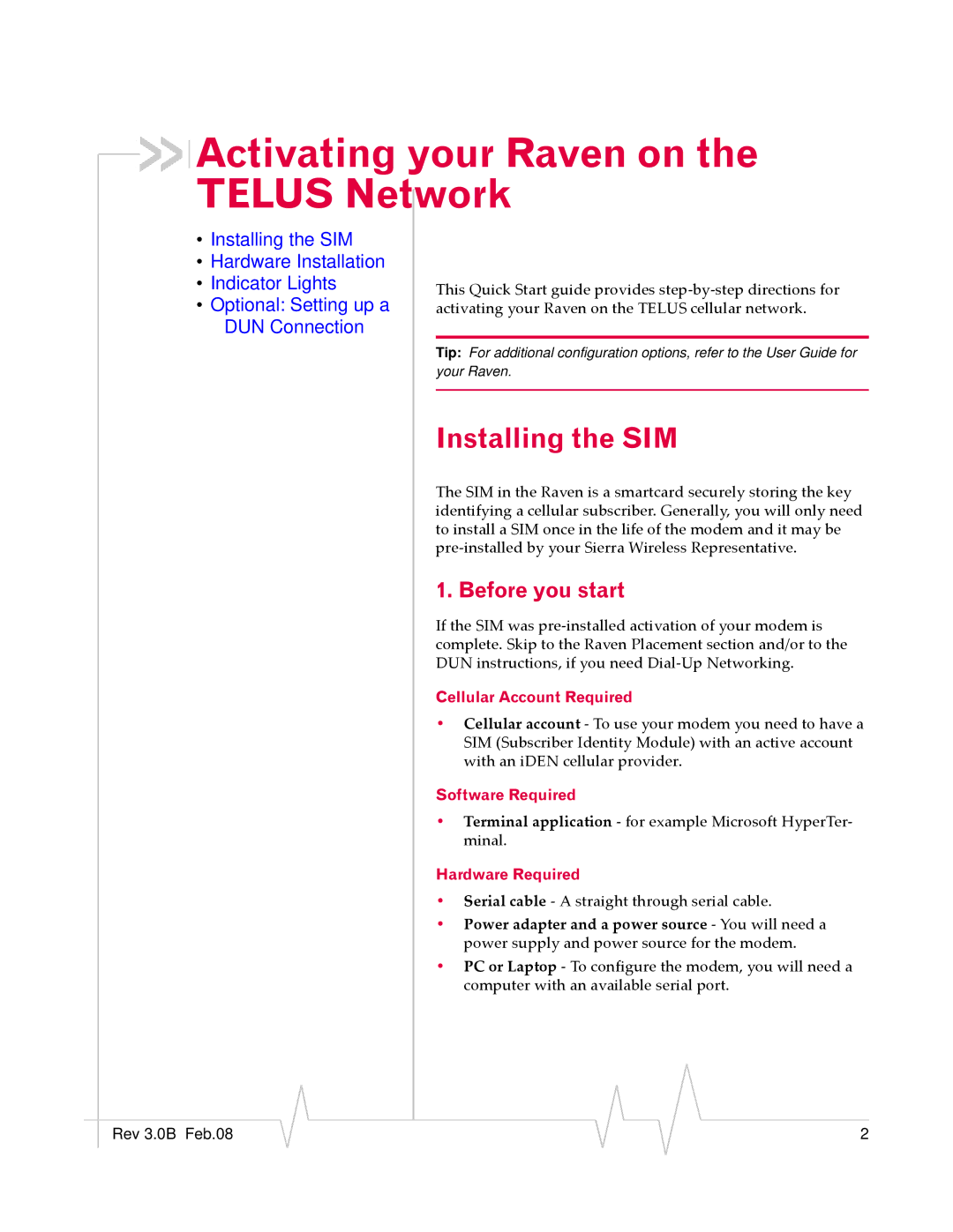 Sierra Wireless 20070914 quick start Activating your Raven on the Telus Network, Before you start 