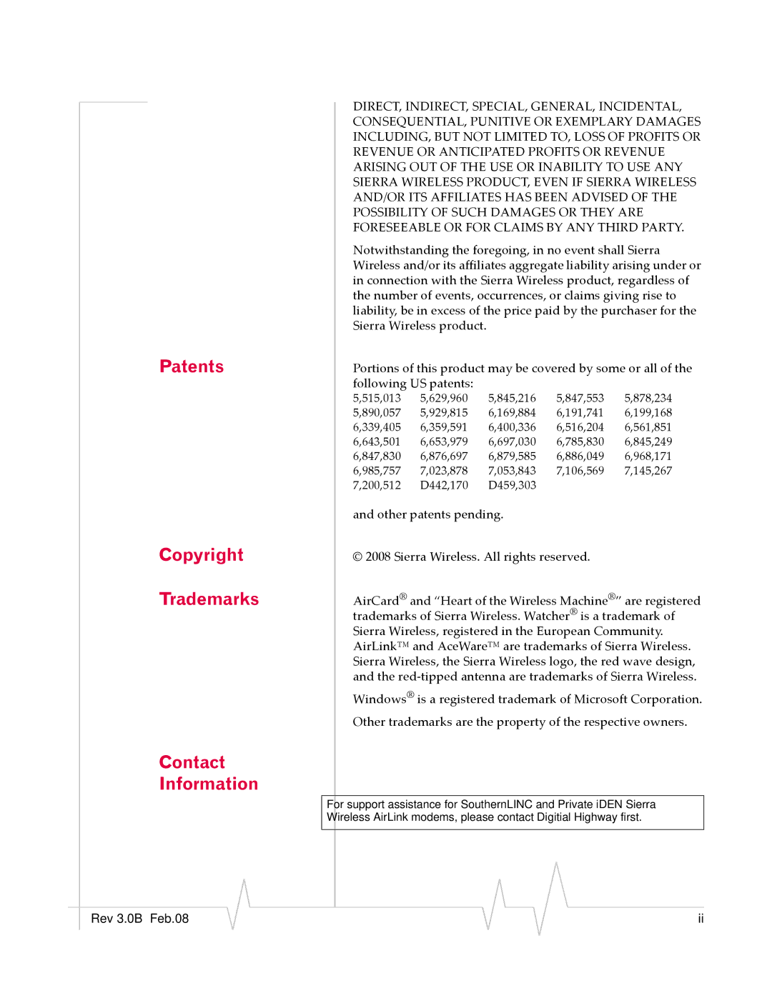 Sierra Wireless 20070914 quick start Patents Copyright Trademarks Contact Information 