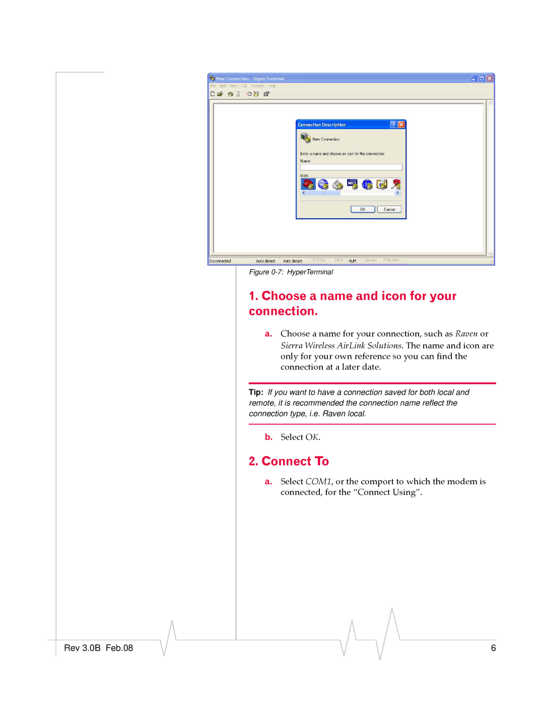 Sierra Wireless 20070914 quick start Choose a name and icon for your connection, Connect To 