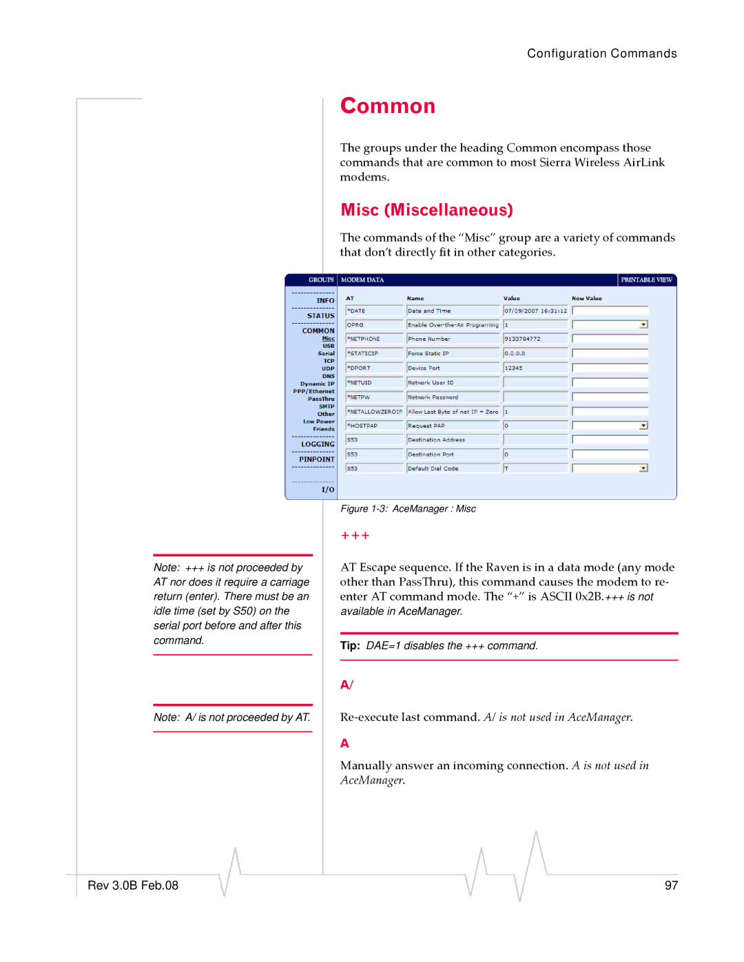 Sierra Wireless 20070914 manual Common, Misc Miscellaneous, +++ 