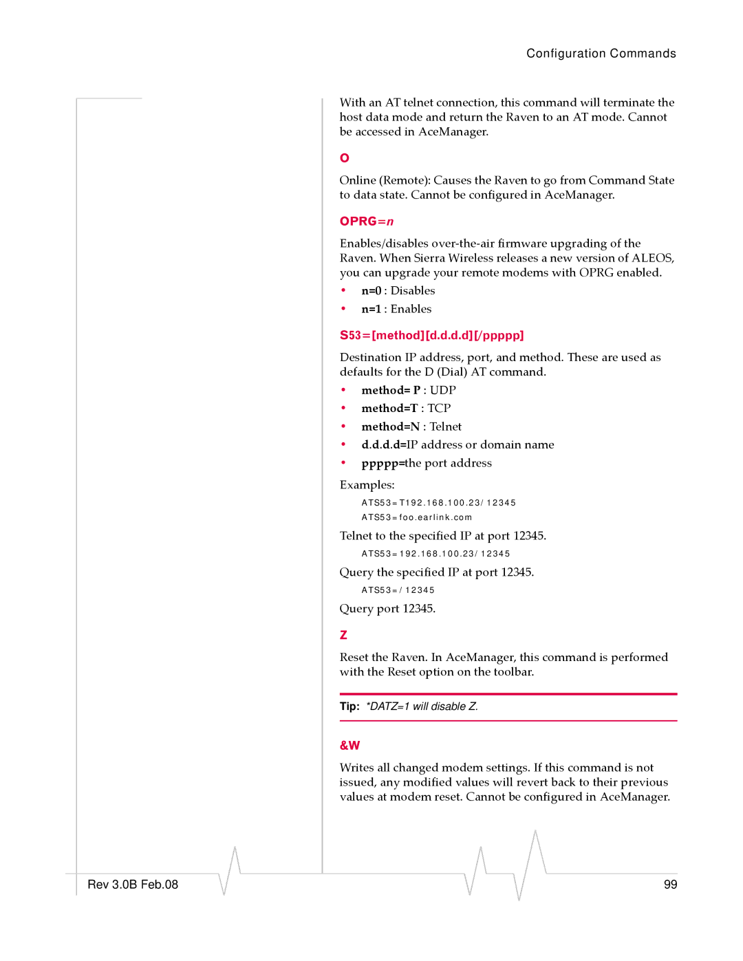 Sierra Wireless 20070914 manual OPRG=n, S53=methodd.d.d.d/ppppp, Method= P UDP Method=T TCP Method=N Telnet 