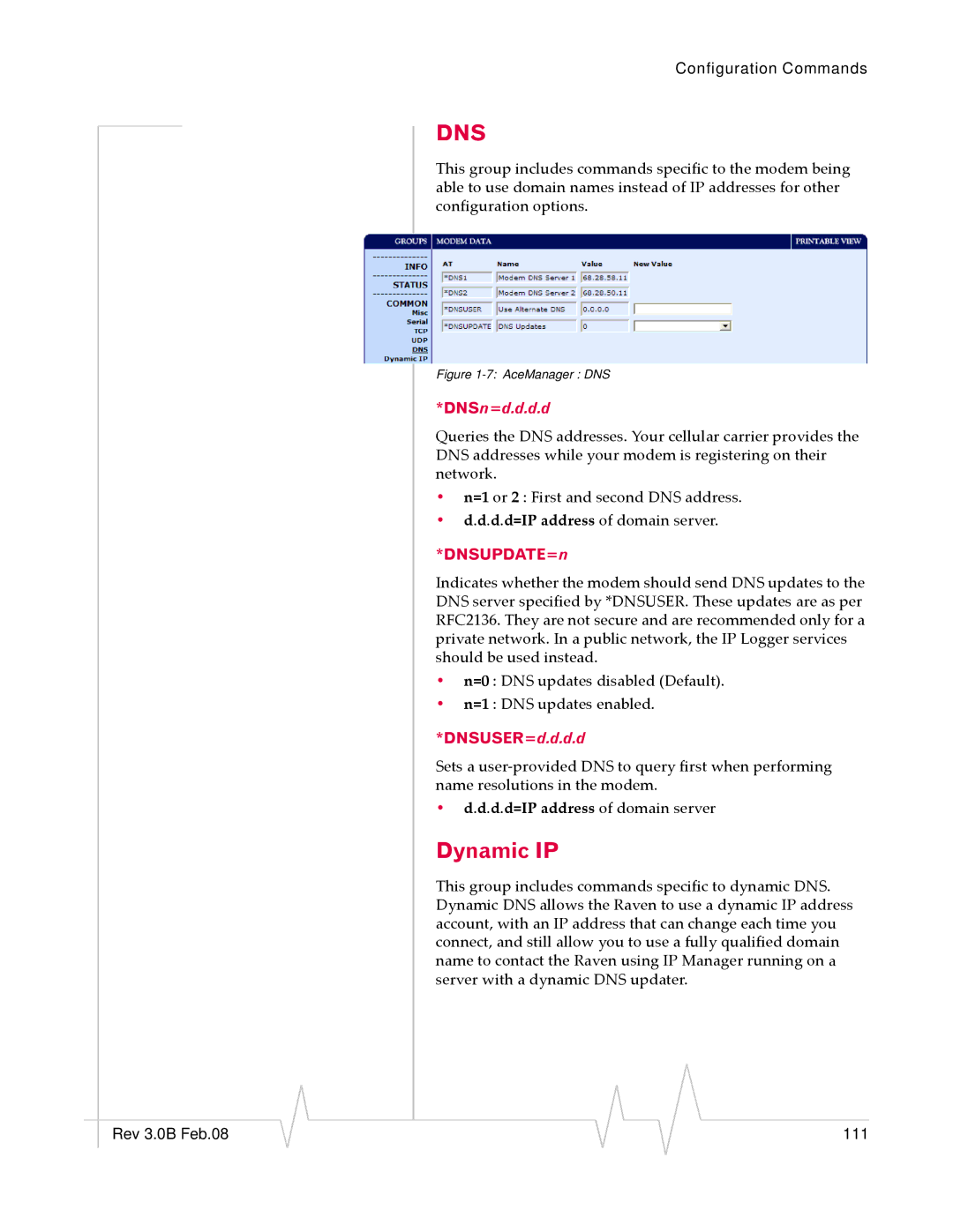 Sierra Wireless 20070914 manual Dynamic IP, D.d=IP address of domain server, DNSUPDATE=n, DNSUSER=d.d.d.d 