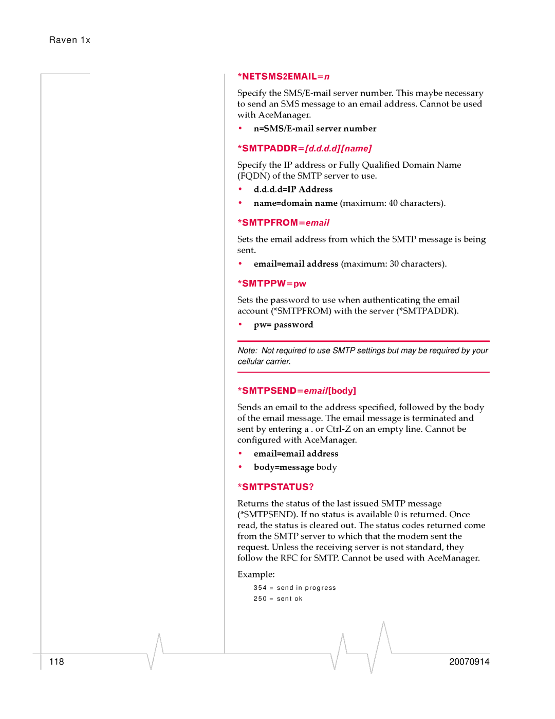 Sierra Wireless 20070914 manual =SMS/E‐mail server number, Pw= password, Email=email address Body=message body, Smtpstatus? 