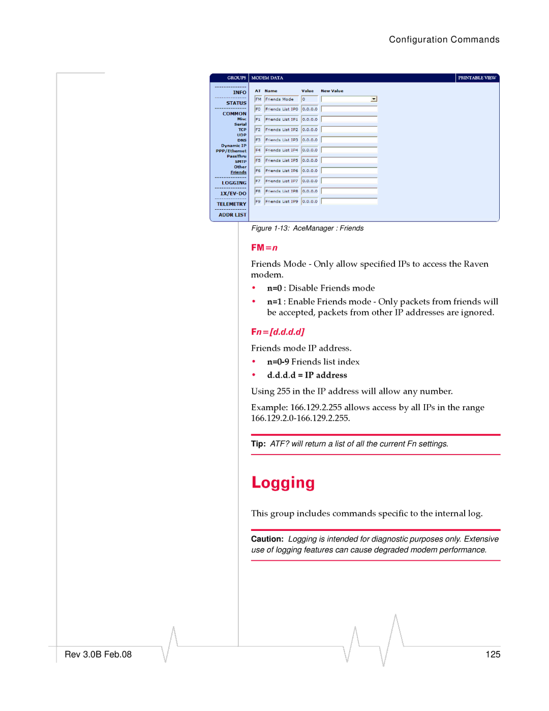 Sierra Wireless 20070914 manual Logging, FM=n, D.d = IP address 