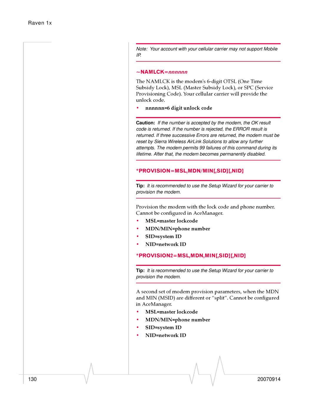 Sierra Wireless 20070914 manual ~NAMLCK=nnnnnn, Nnnnnn=6 digit unlock code, Provision=Msl,Mdn/Min,Sid,Nid 