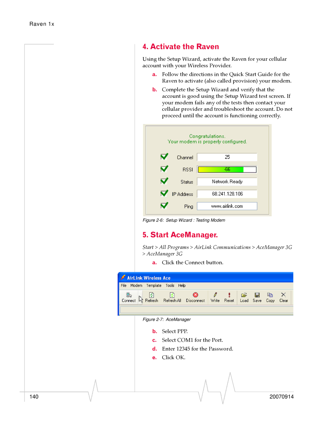 Sierra Wireless 20070914 manual Activate the Raven, Start All Programs AirLink Communications AceManager 3G 