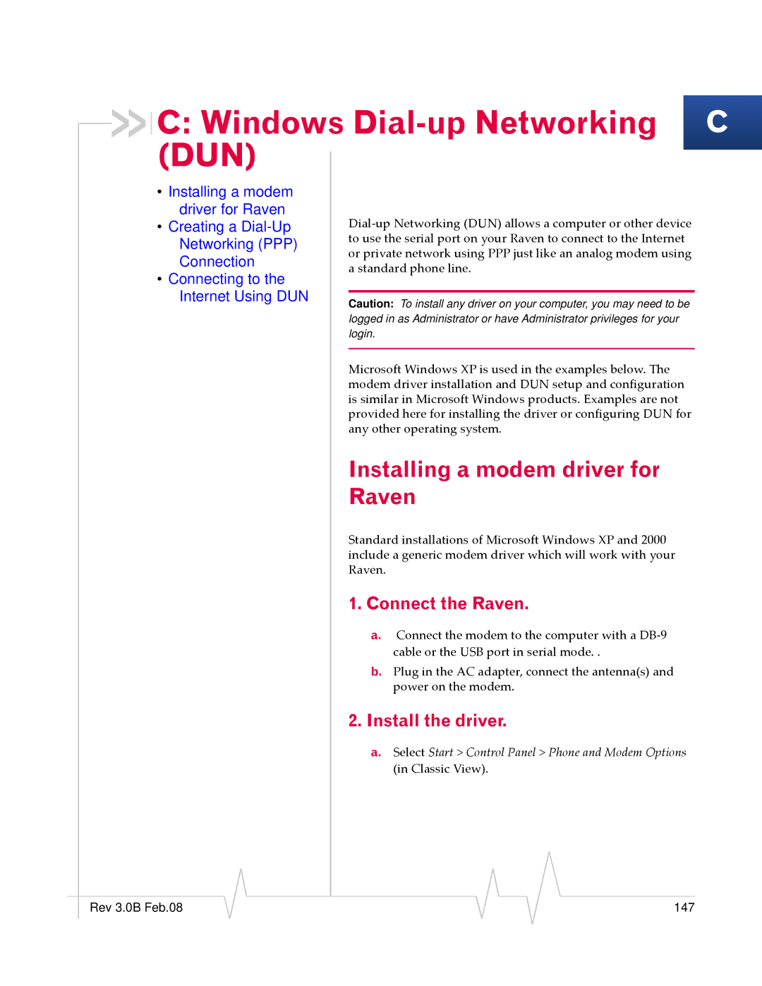 Sierra Wireless 20070914 manual Windows Dial-up Networking C DUN, Installing a modem driver for Raven, Connect the Raven 