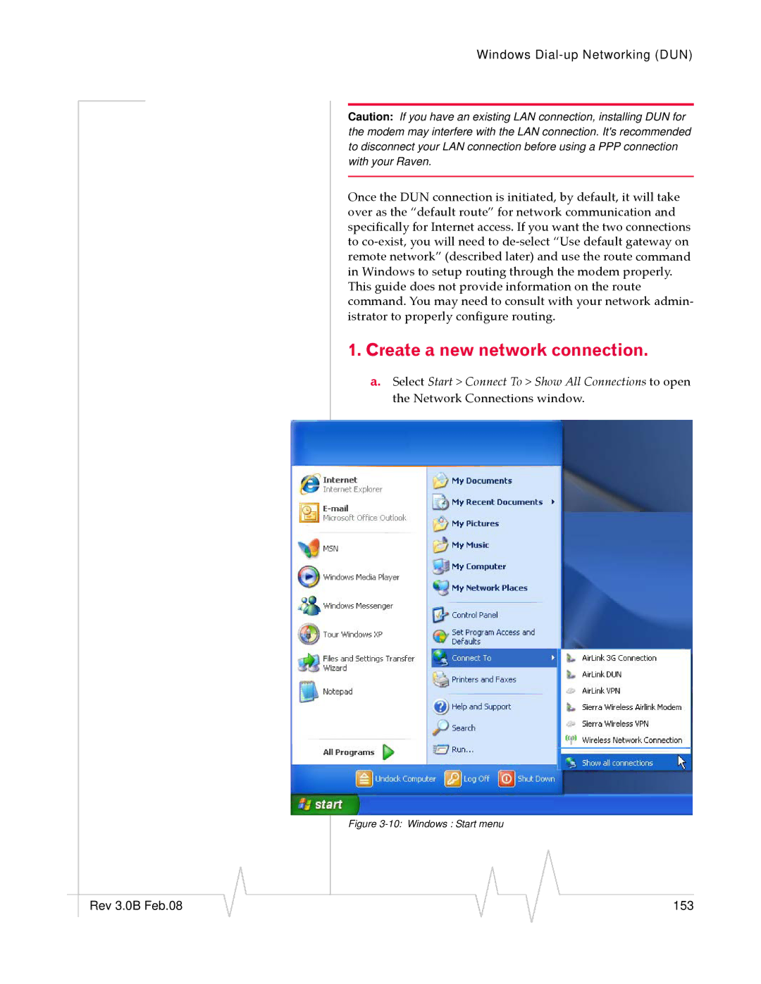 Sierra Wireless 20070914 manual Create a new network connection, Windows Start menu 