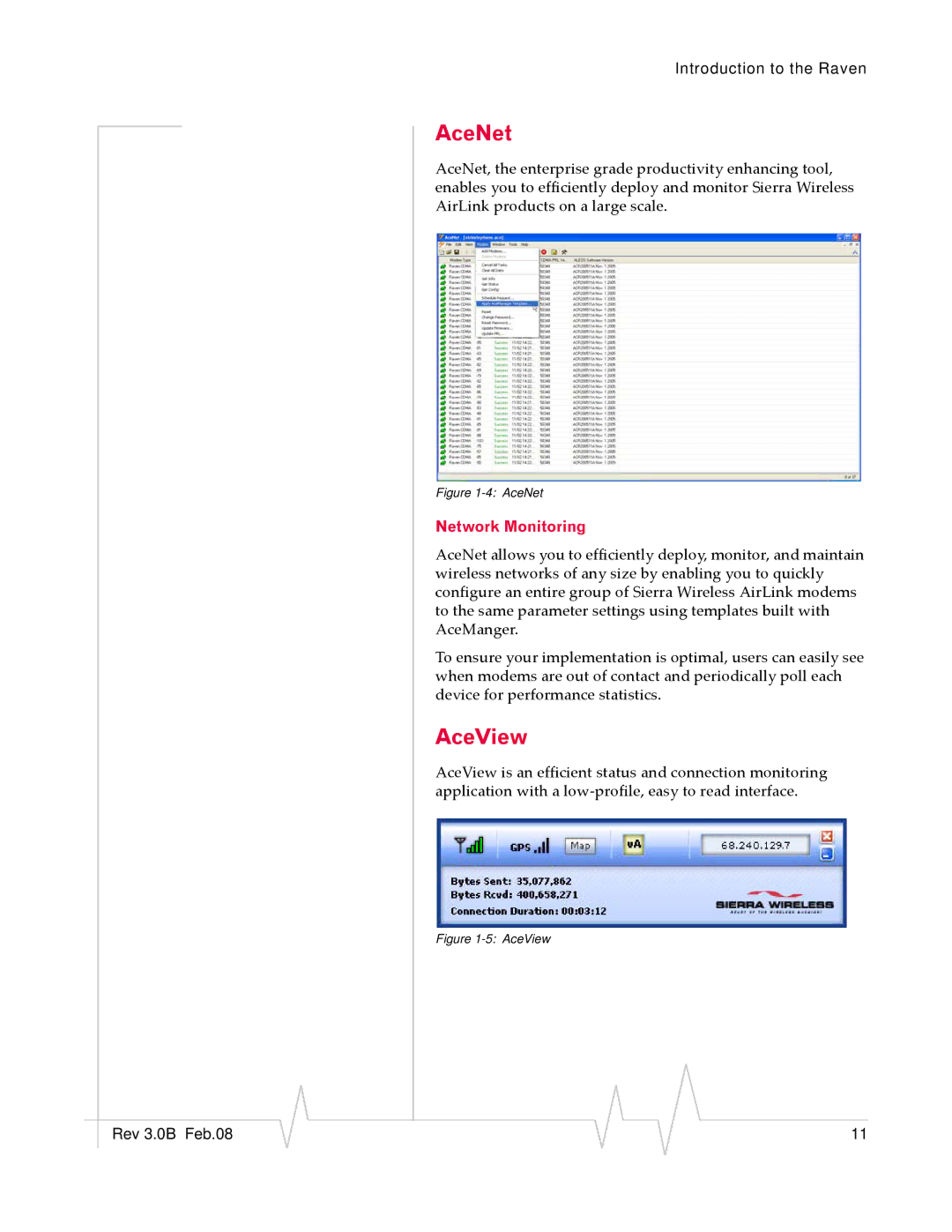 Sierra Wireless 20070914 manual AceNet, AceView, Network Monitoring 