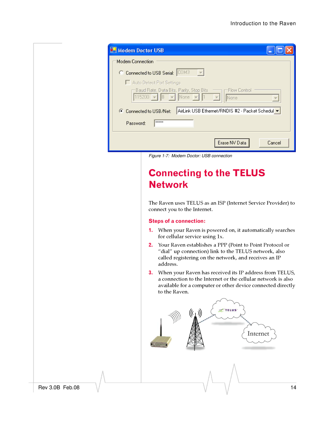 Sierra Wireless 20070914 manual Connecting to the Telus Network, Steps of a connection 