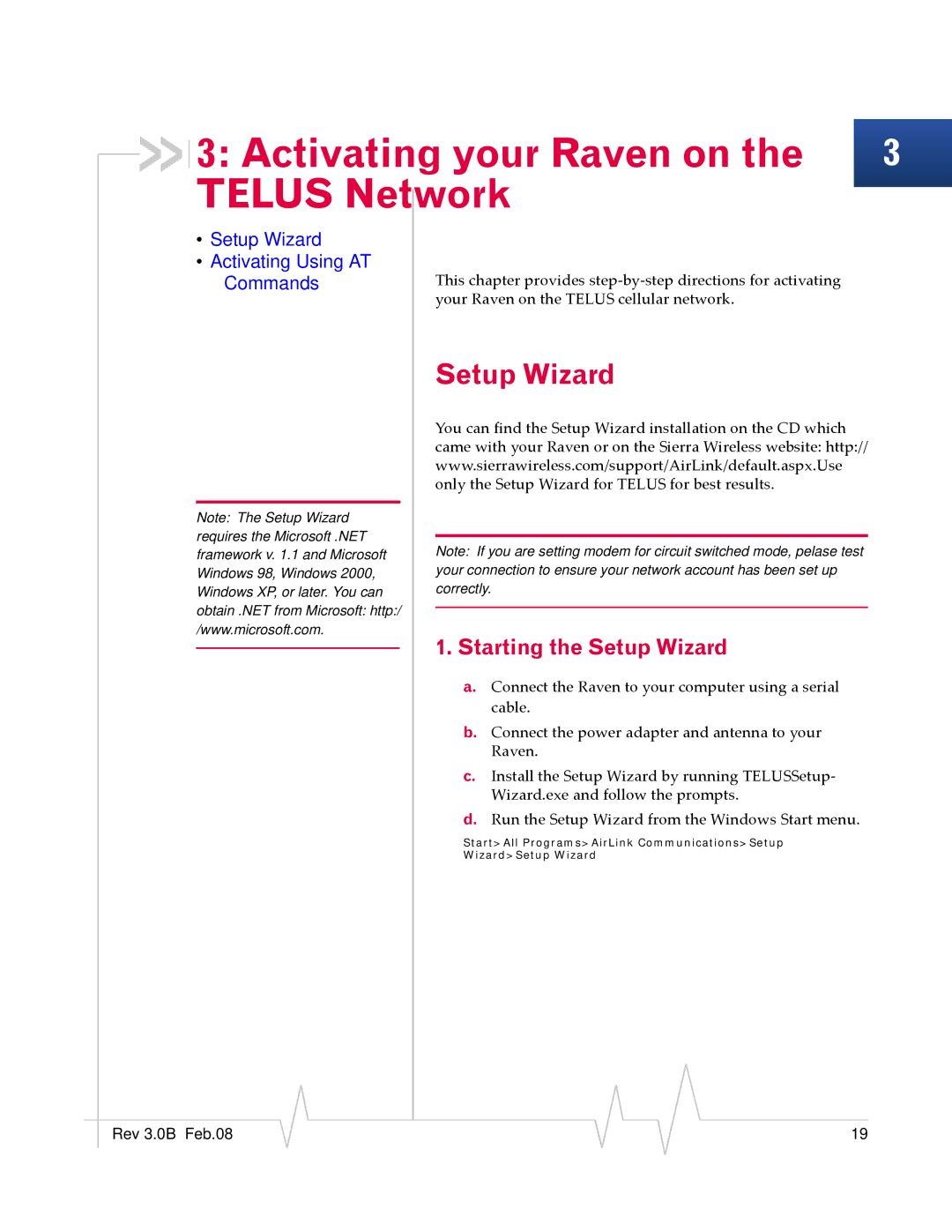 Sierra Wireless 20070914 manual Activating your Raven on the 3 Telus Network, Starting the Setup Wizard 