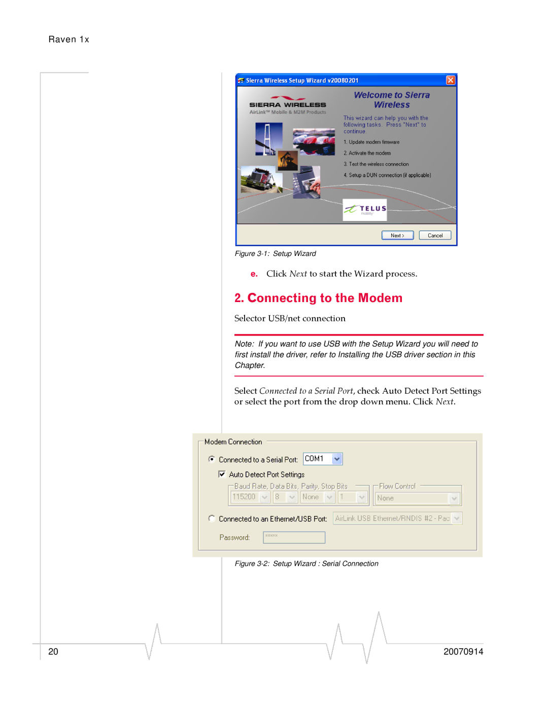 Sierra Wireless 20070914 manual Connecting to the Modem, Setup Wizard 