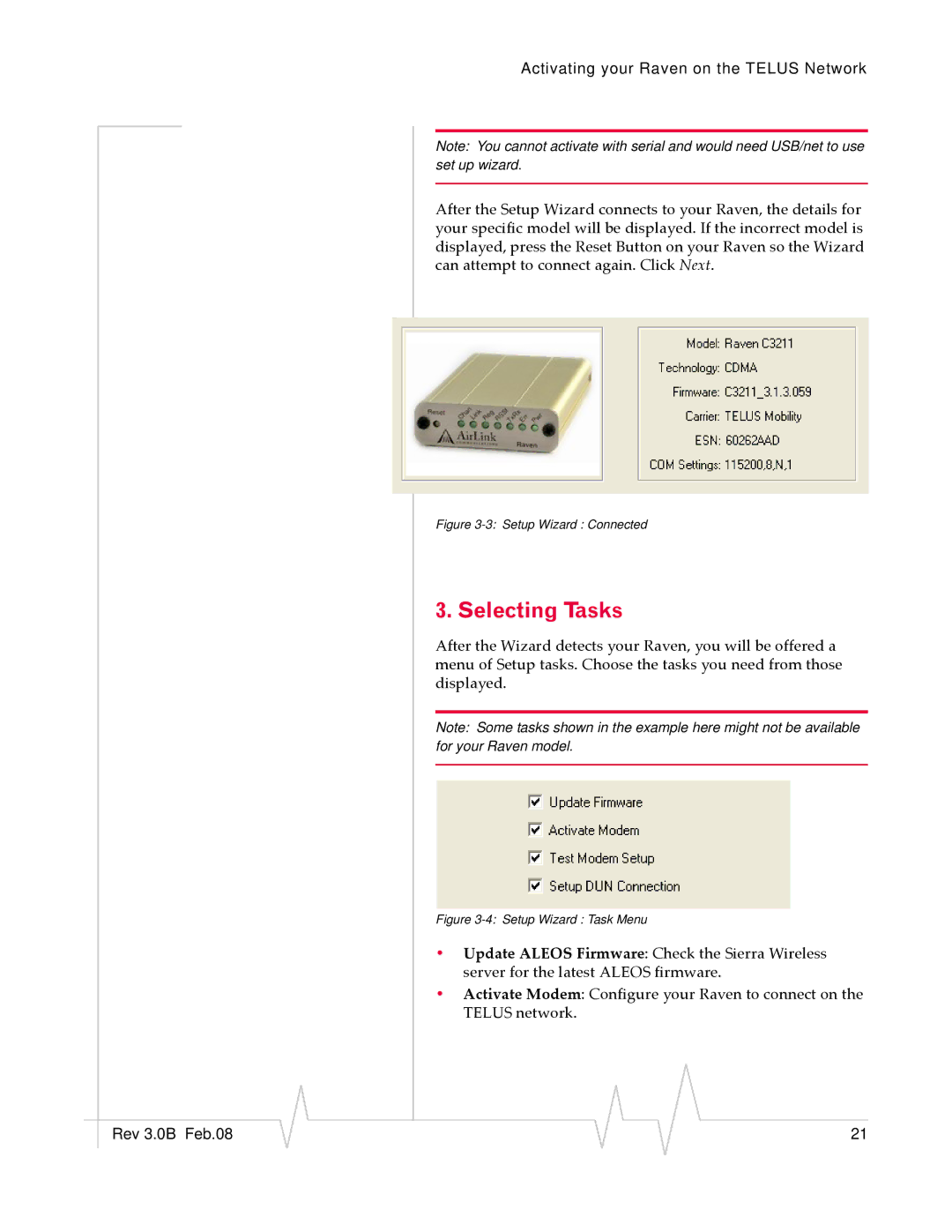 Sierra Wireless 20070914 manual Selecting Tasks, Setup Wizard Connected 