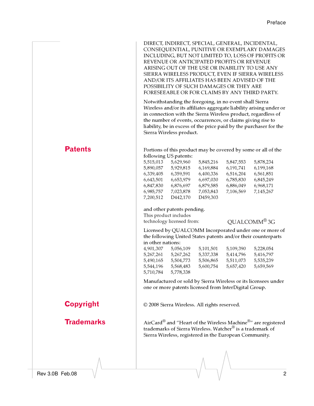 Sierra Wireless 20070914 manual Patents Copyright Trademarks, Qualcomm 3G 