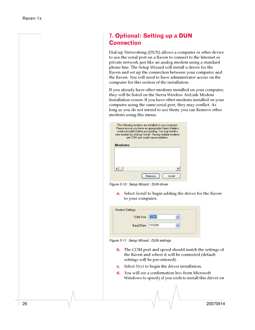 Sierra Wireless 20070914 manual Optional Setting up a DUN Connection, Setup Wizard DUN driver 