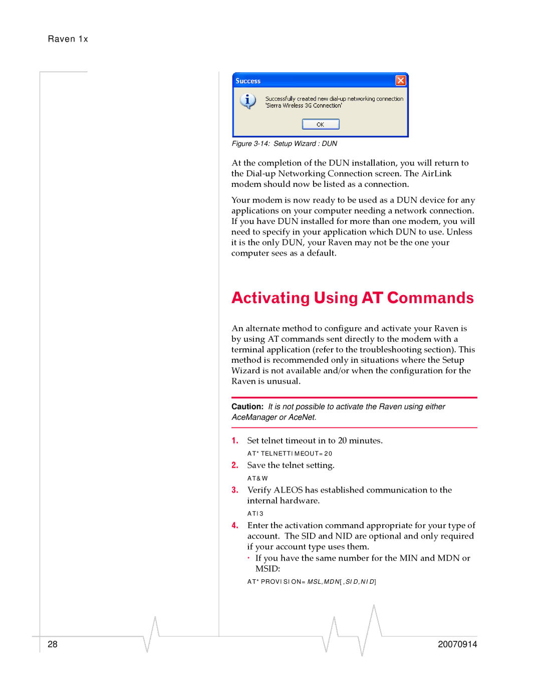 Sierra Wireless 20070914 manual Activating Using AT Commands, Setup Wizard DUN 