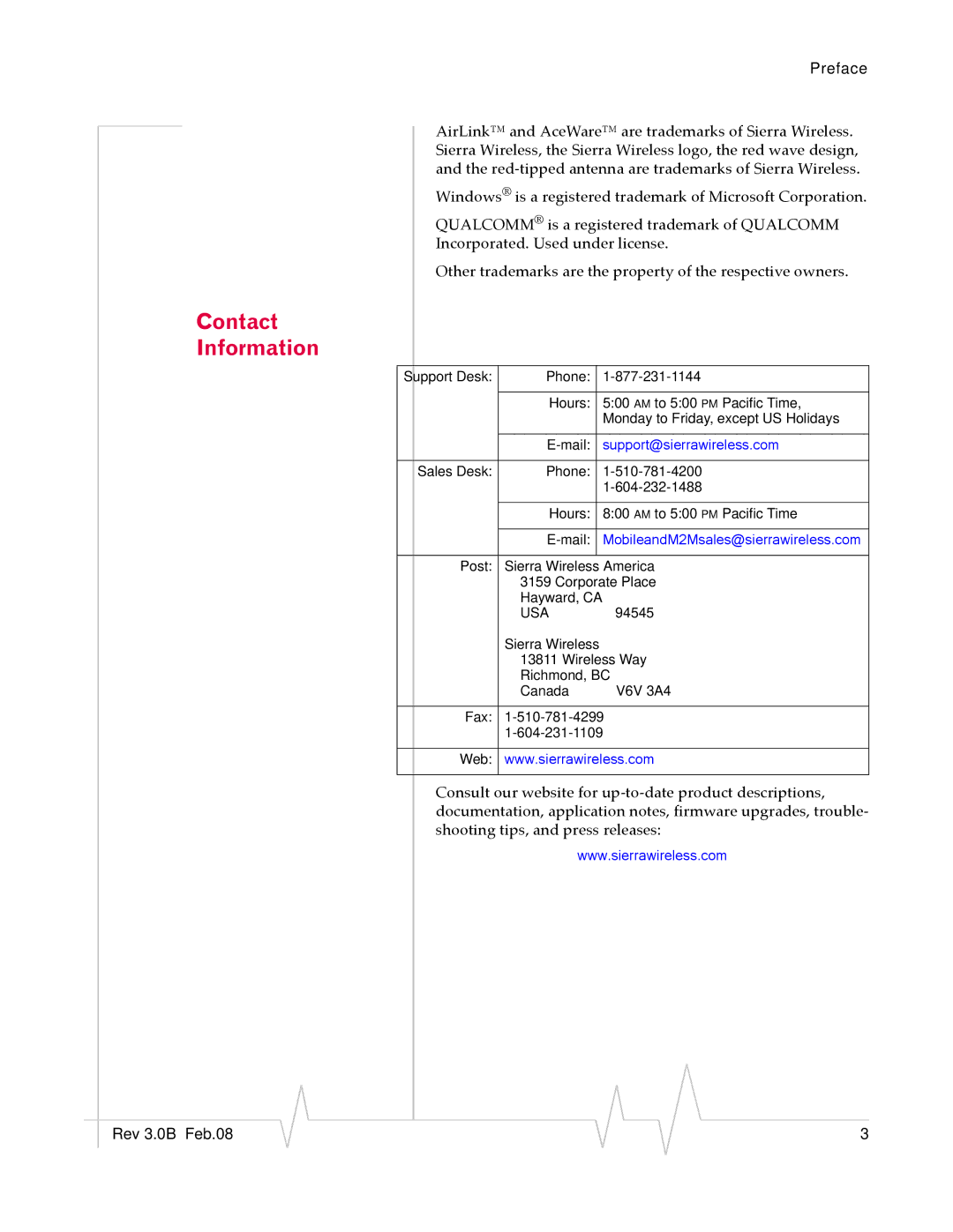 Sierra Wireless 20070914 manual Contact Information, Support@sierrawireless.com 