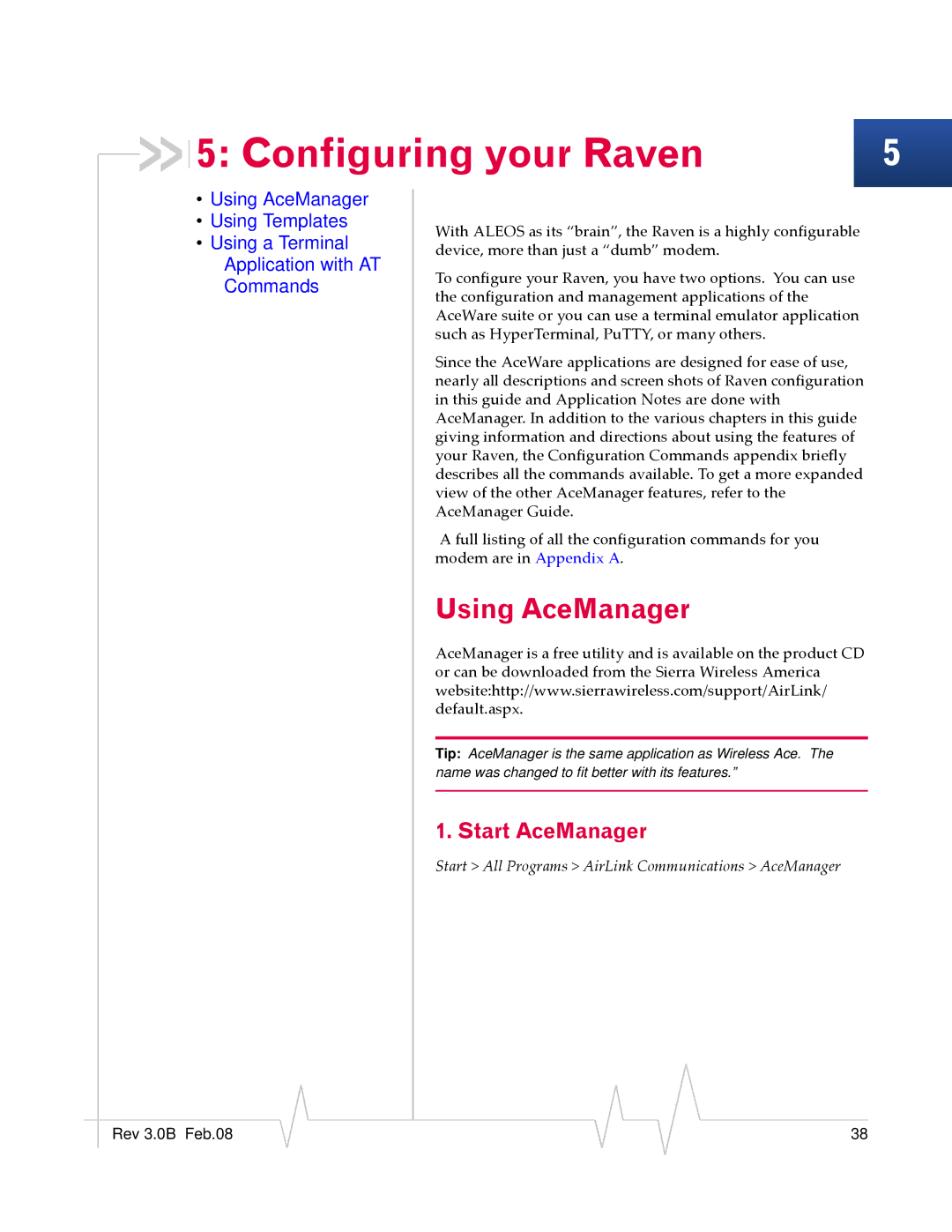 Sierra Wireless 20070914 manual Configuring your Raven, Using AceManager, Start AceManager 