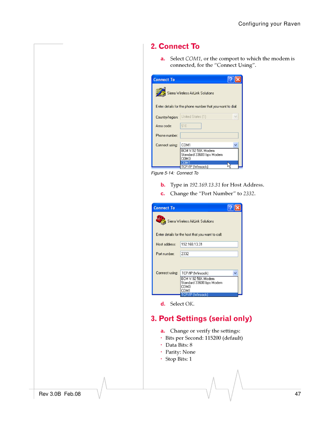 Sierra Wireless 20070914 manual Connect To, Port Settings serial only 