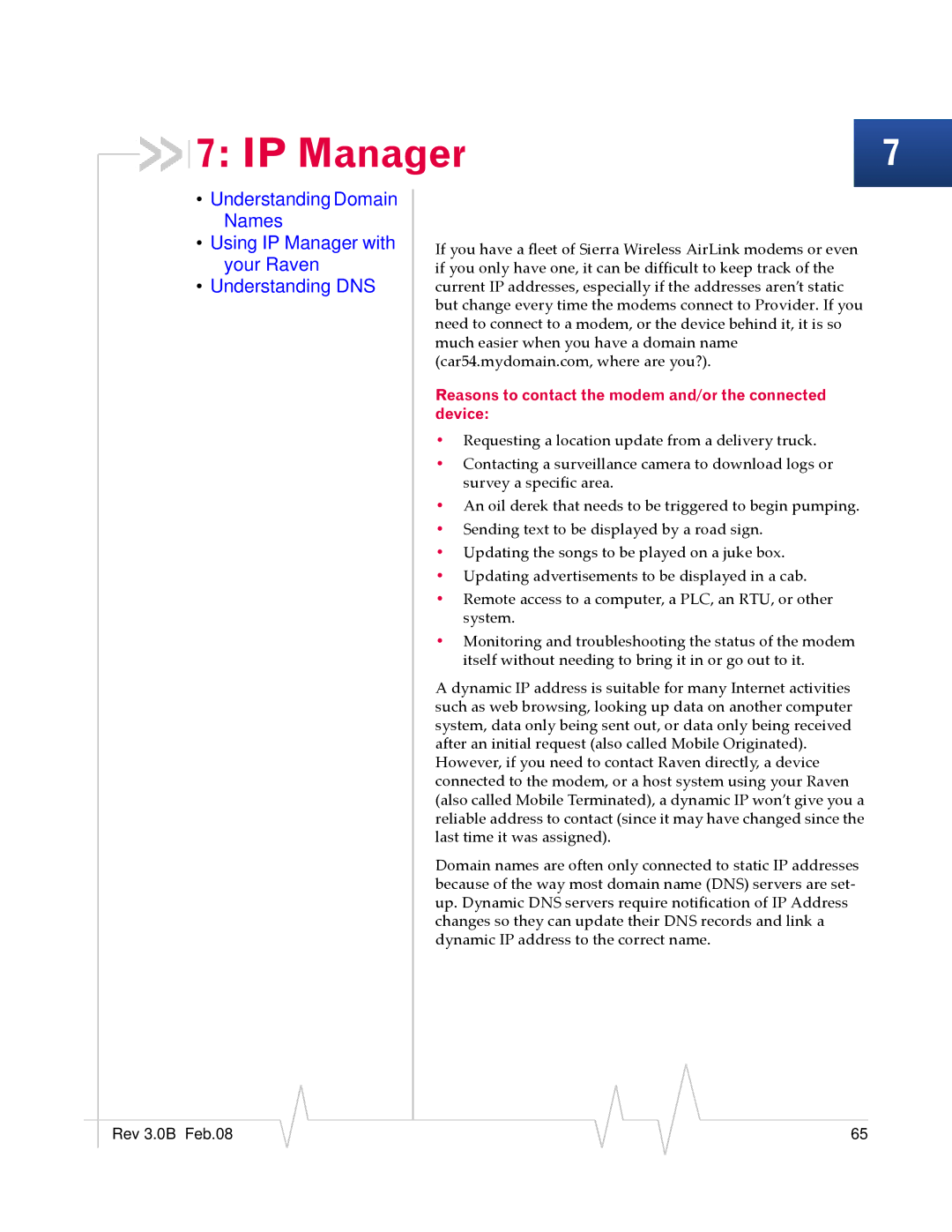 Sierra Wireless 20070914 manual IP Manager, Reasons to contact the modem and/or the connected device 