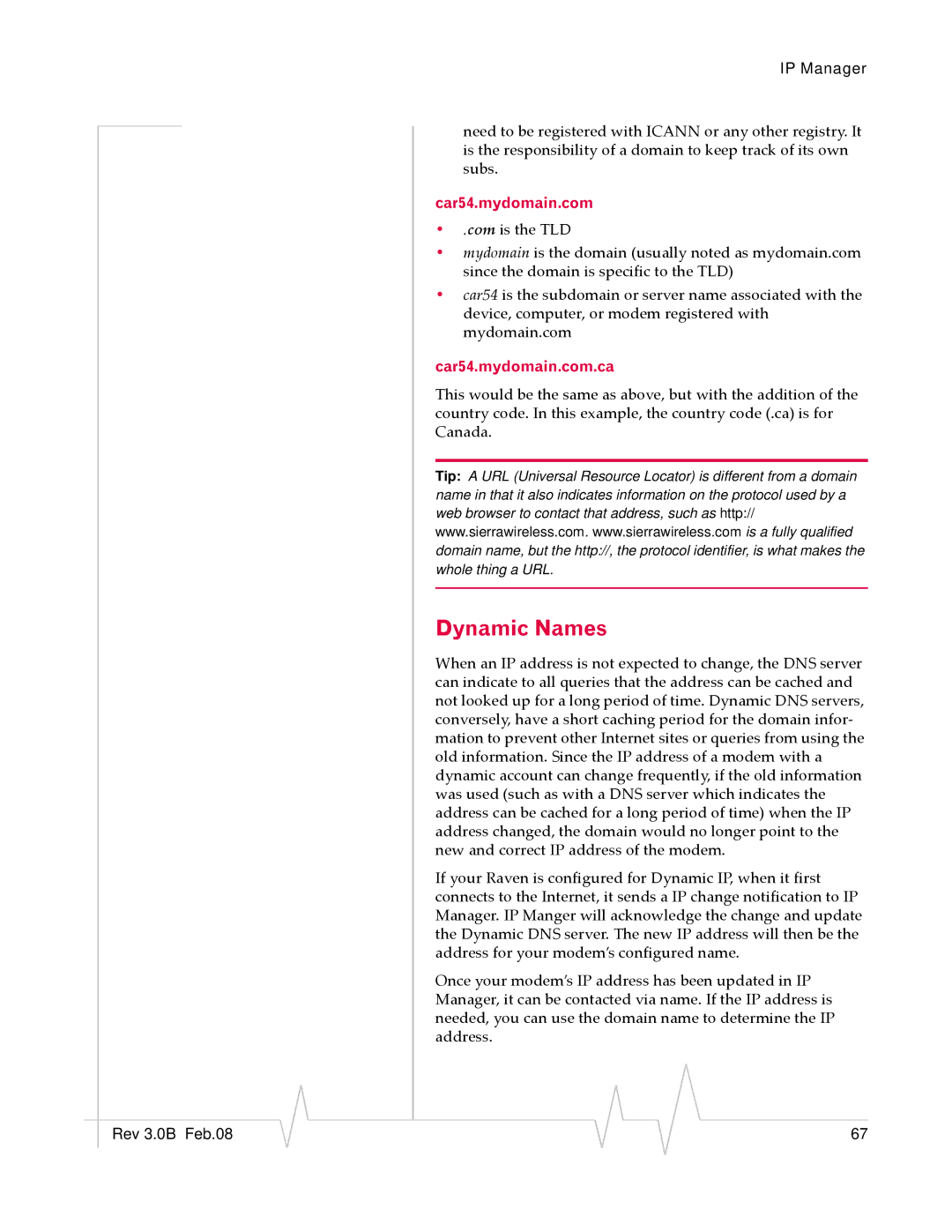 Sierra Wireless 20070914 manual Dynamic Names, Car54.mydomain.com.ca 